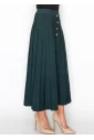 Green Pleated Midi Skirt with Button Accents