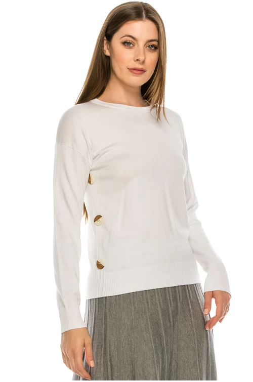 Top with Wooden Button side detailing - White
