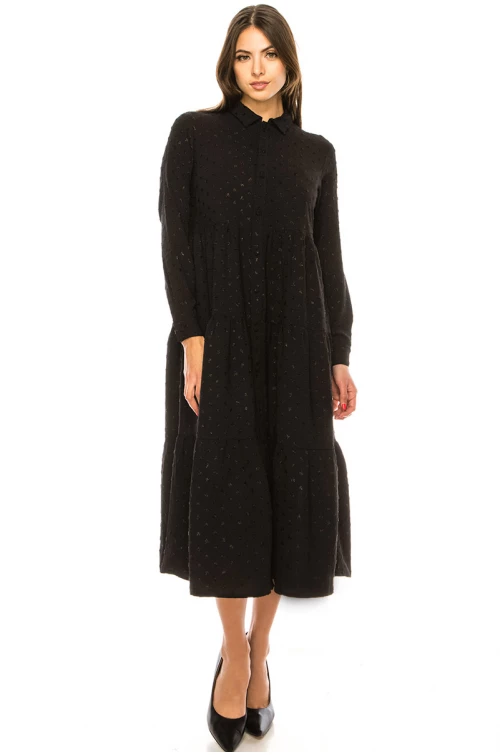 Black Shirt Collar Midi A-Line Dress
