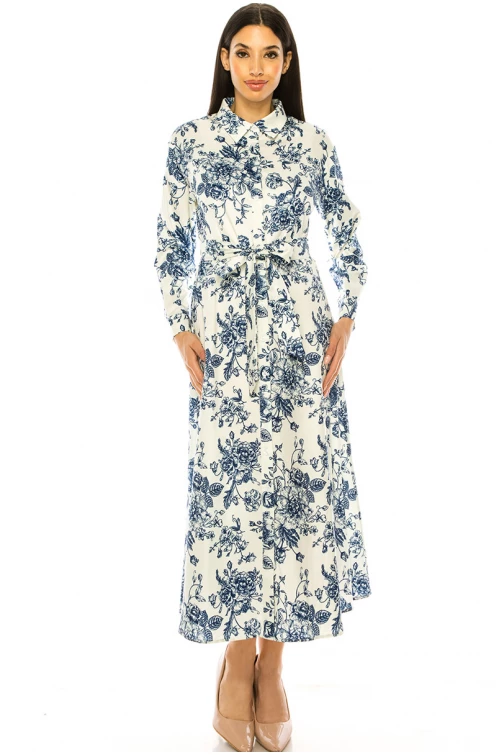 White Maxi Dress With Blue Floral Print