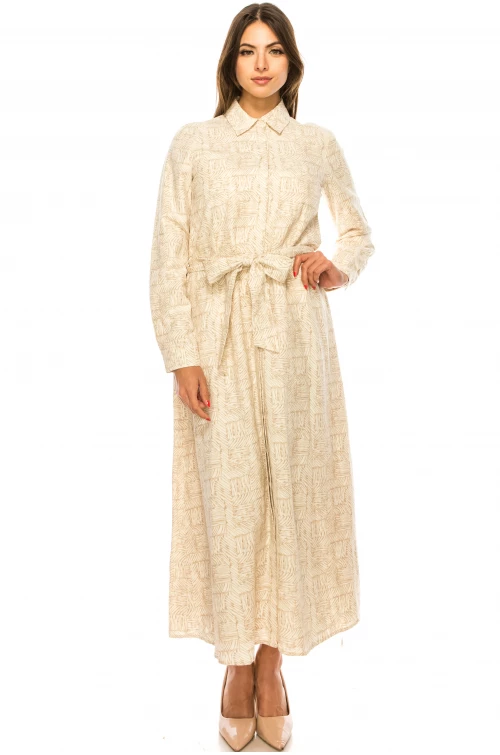 Camel Printed Dress With Shirt Collar