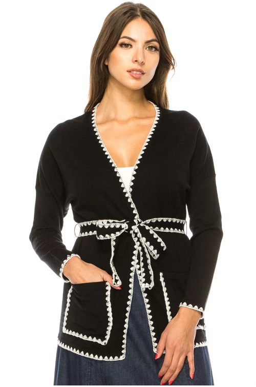 V-Neck Cardigan With A Belt In Black