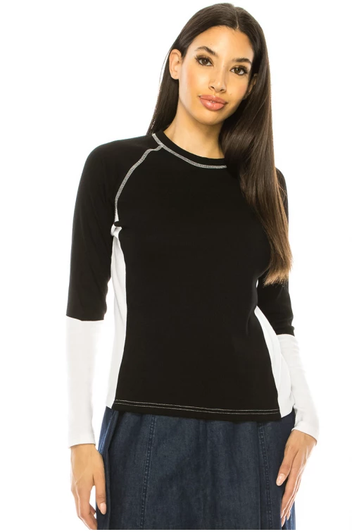 Color-Block Black And White Long Sleeve T-Shirt