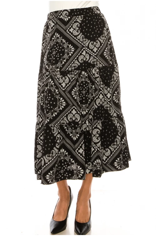 Black Bandana Print Tiered Midi Skirt