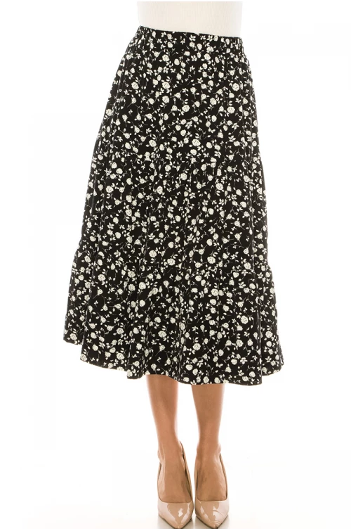 Black And White Floral Tiered Midi Skirt