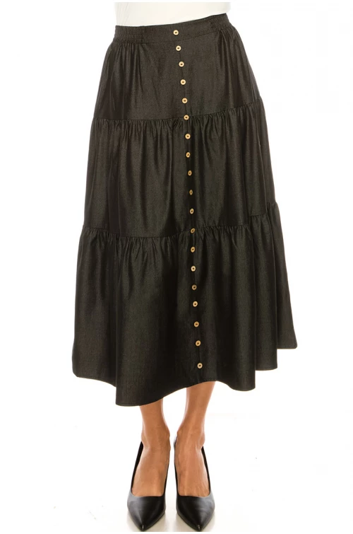Black Denim Midi Tiered Skirt