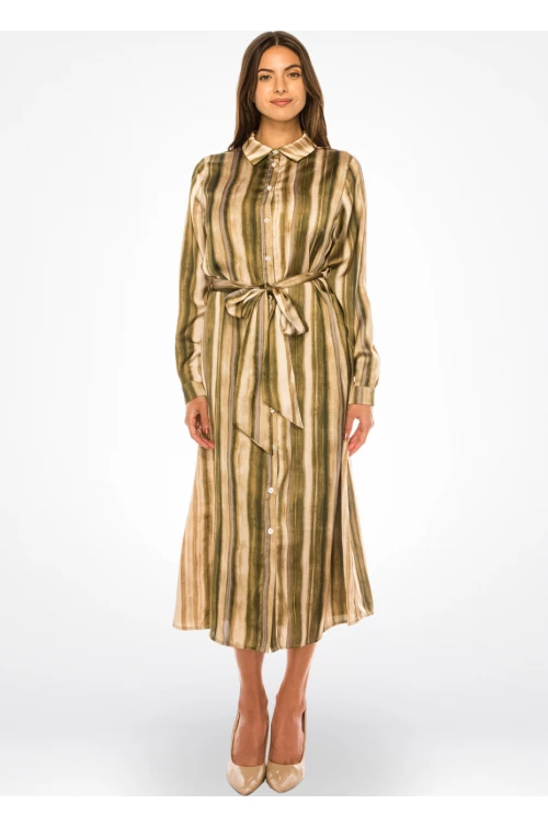 Olive stripe belted midi dress