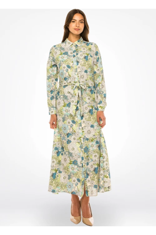Green Floral Maxi Dress with Belt