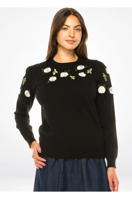 Blossoming Elegance Black Knit Sweater