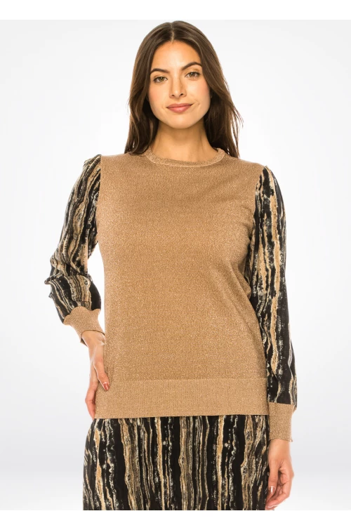 Golden Shimmer Knit & Abstract Sleeve Top