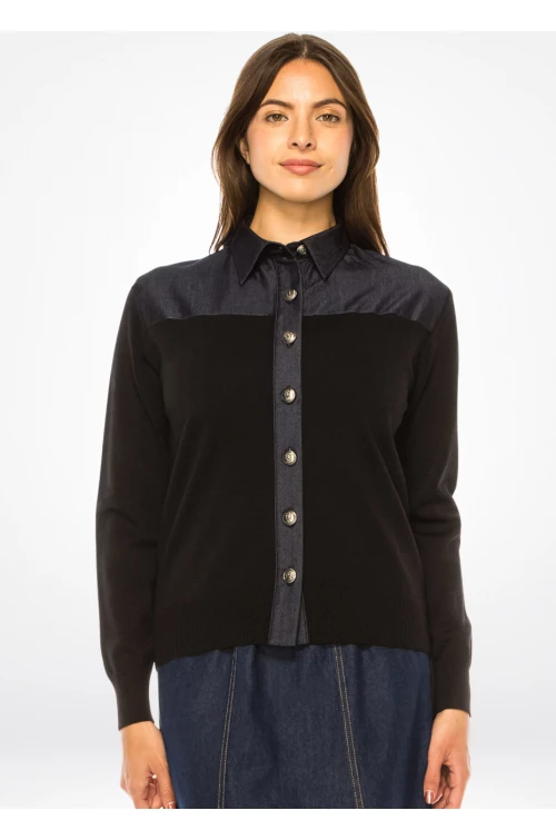 Denim-Trimmed Button-Up Cardigan - Classic Black