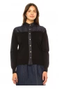 Denim-Trimmed Button-Up Cardigan - Classic Black