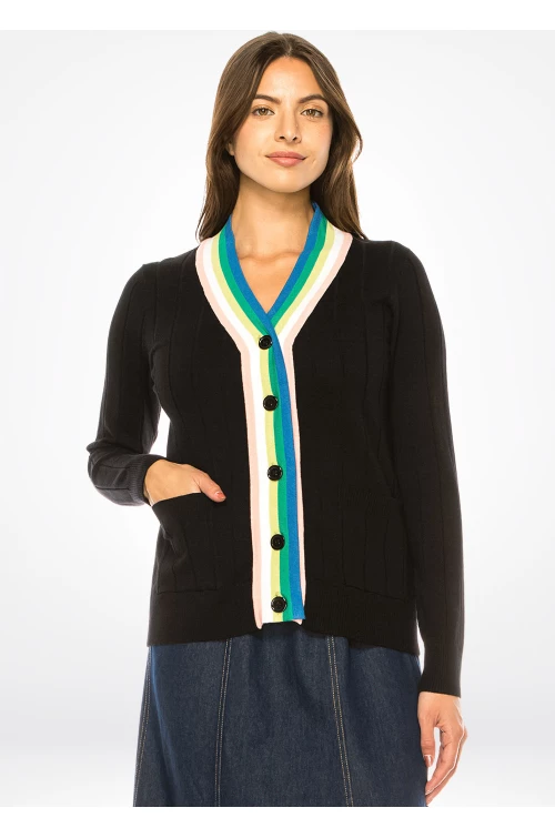 Rainbow Trim Black Cardigan – Playful Accent