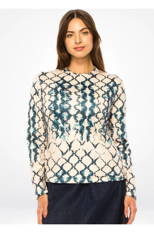 Beige & Teal Ikat Print Long-Sleeve Top