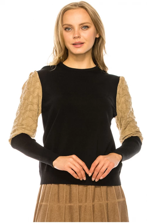 Metallic Sleeve Sweater - BEIGE