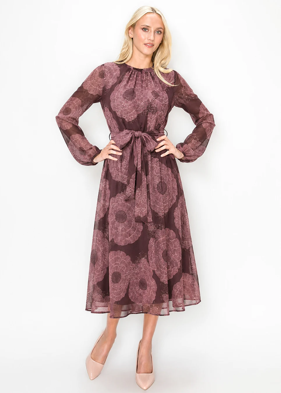 burgundy floral long sleeve dress Chiffon with Tie Belt | Modest Women Clothing Size:32 inch Stacees One-Shoulder Chiffon Sky Patchington 70–120 *Please note