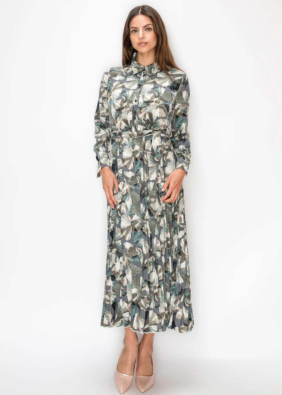 Green Floral Pleated Shirt Dress | Modest Women Clothing - YAL New
