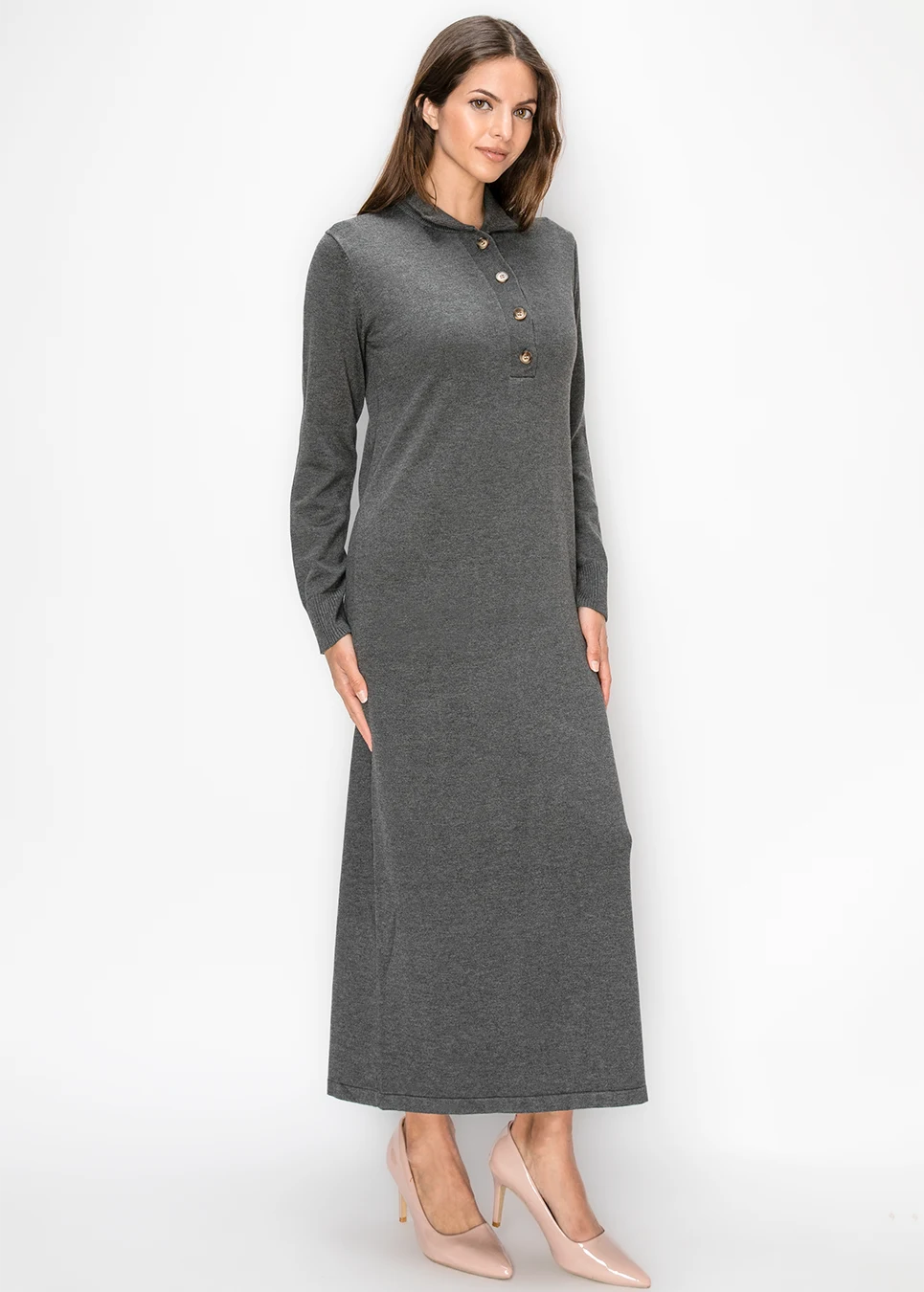 Grey Knit Polo Dress, Long Sleeve | Modest Women Clothing - YAL