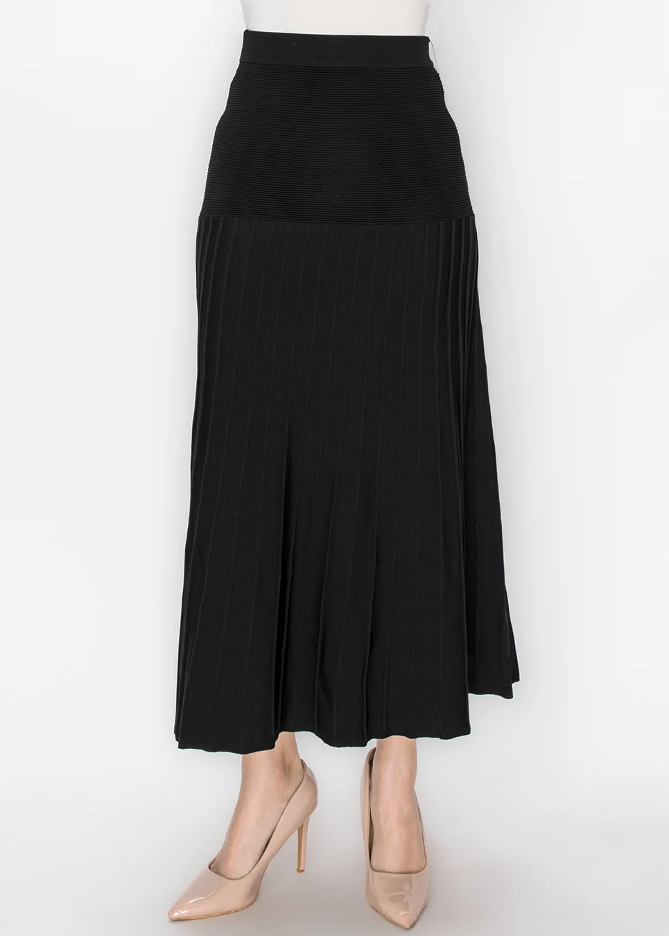 Black Ribbed Knit Skirt with Pleated Panel | Modest Women Clothing