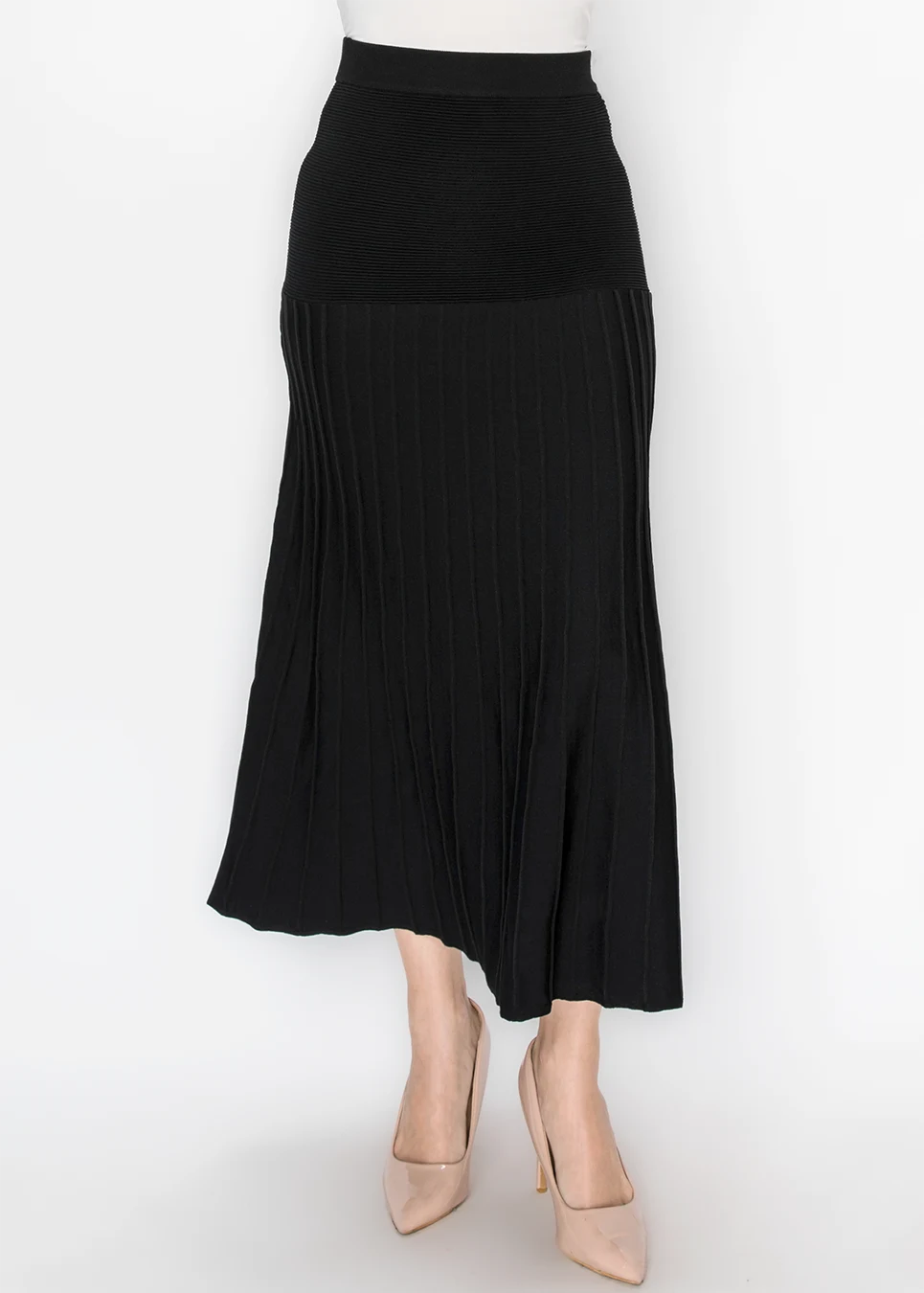 Black Ribbed Knit Skirt with Pleated Panel | Modest Women Clothing