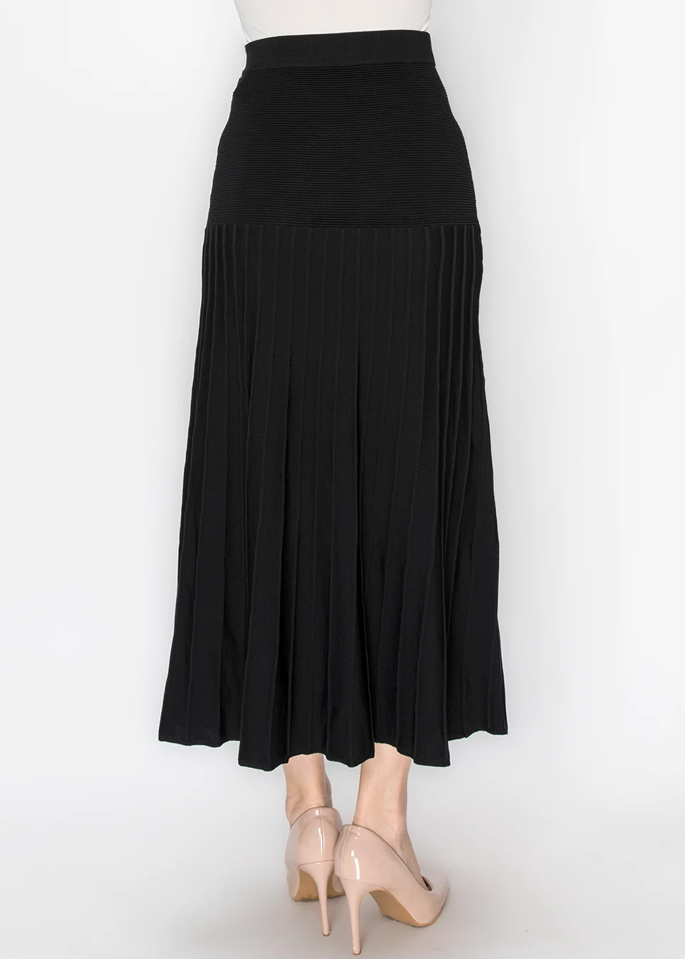 Black Ribbed Knit Skirt with Pleated Panel | Modest Women Clothing