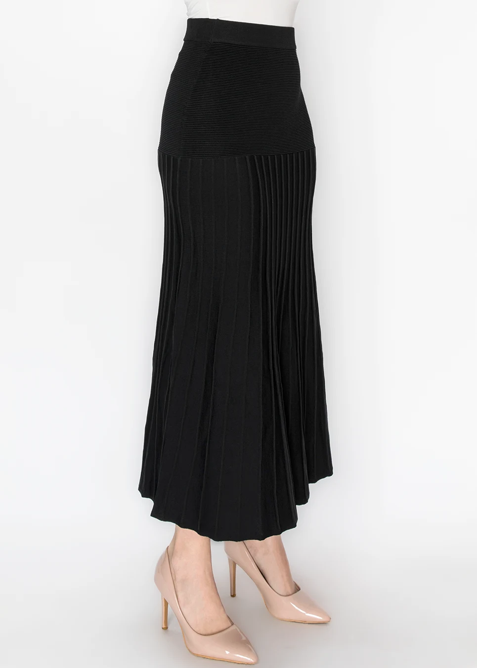 Black Ribbed Knit Skirt with Pleated Panel | Modest Women Clothing