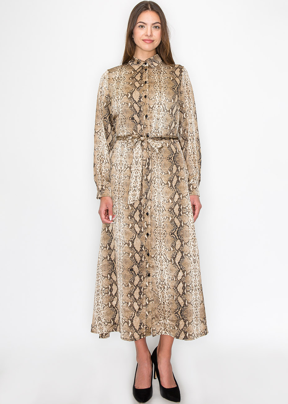 Brown Snake-Print Long Sleeve Dress | Modest Women Clothing - YAL New York