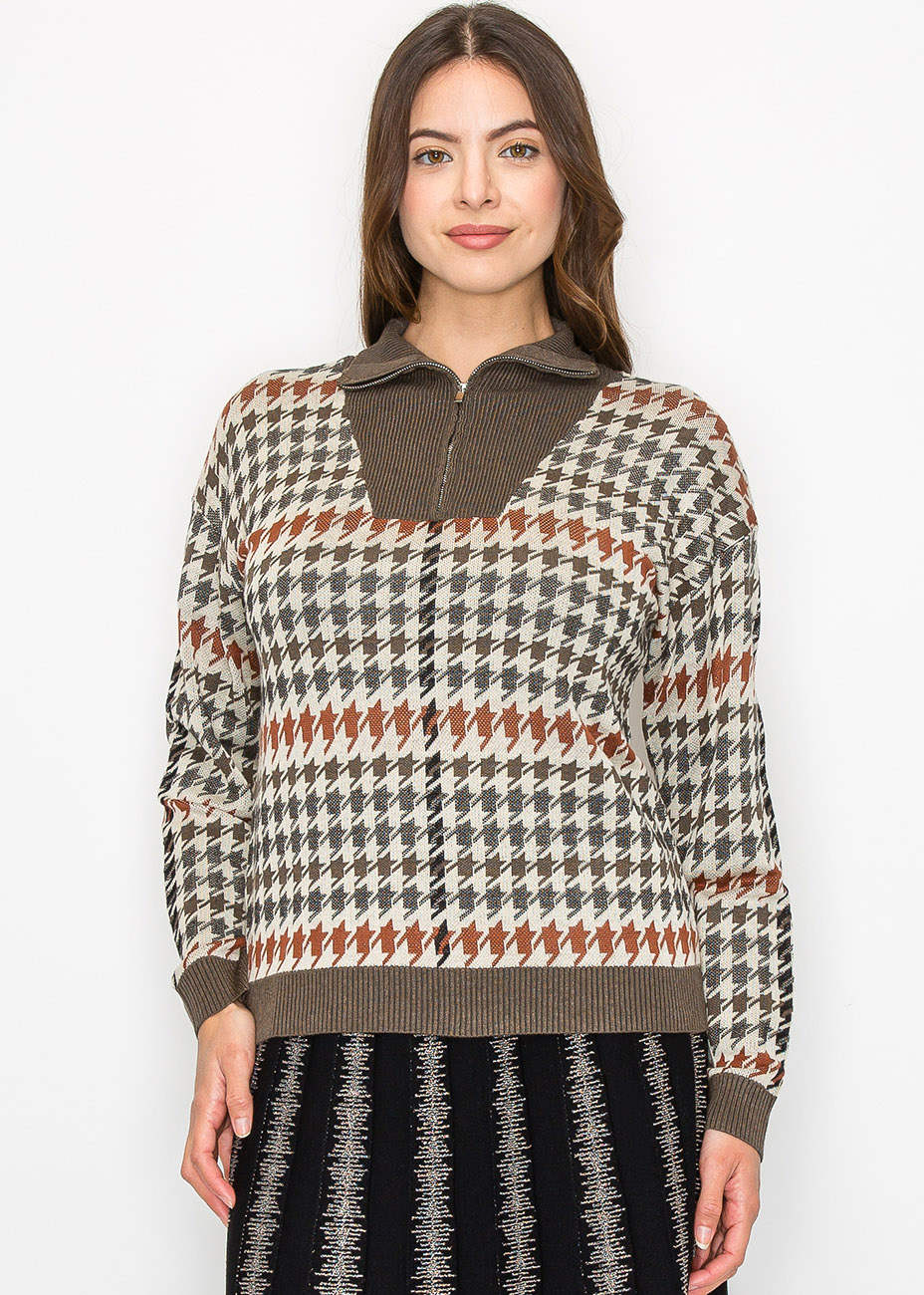 Autumn Houndstooth Knit Sweater | Modest Women Clothing - YAL New York