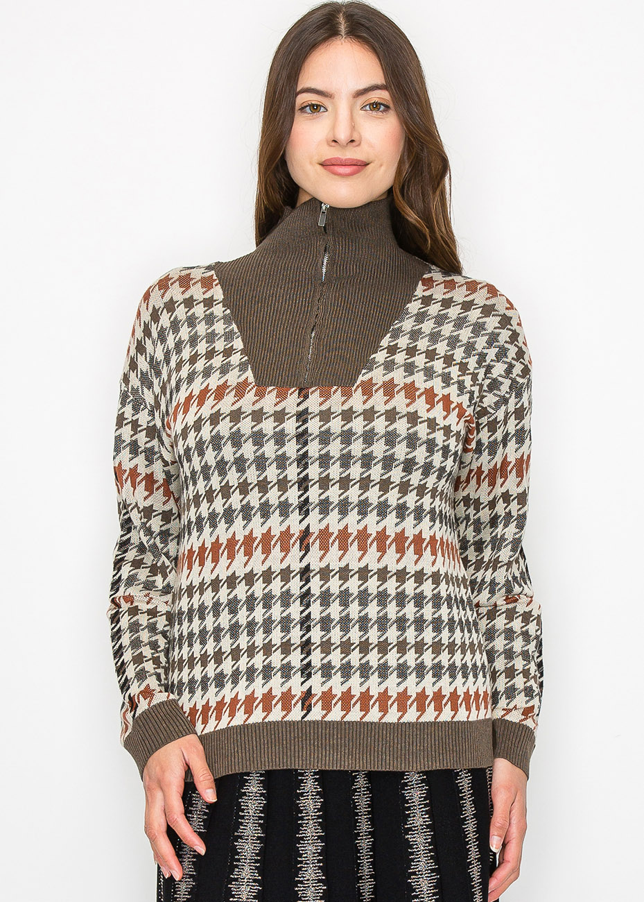 Autumn Houndstooth Knit Sweater | Modest Women Clothing - YAL New York