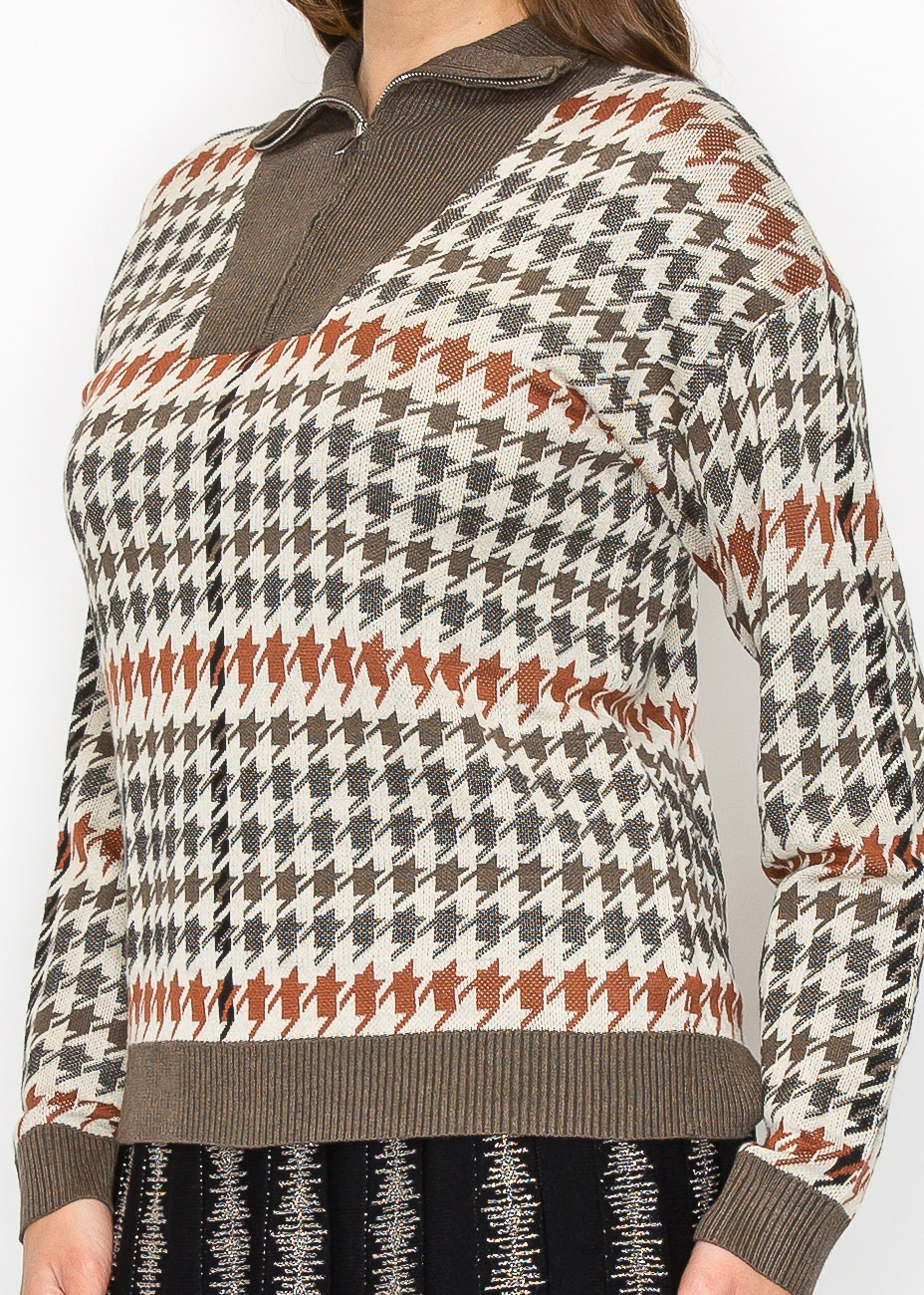 Autumn Houndstooth Knit Sweater | Modest Women Clothing - YAL New York
