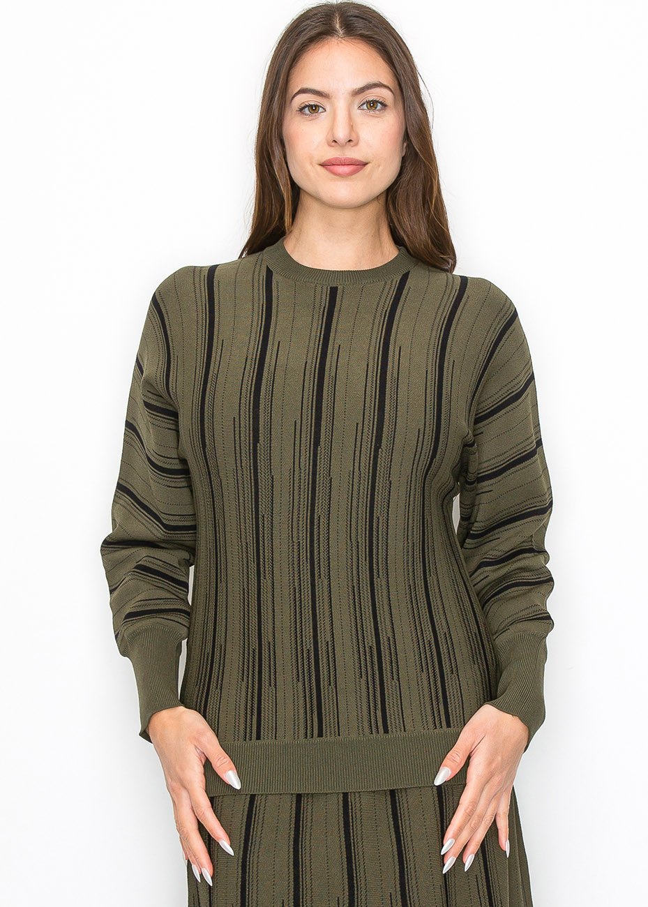 Olive Knit Sweater with Vertical Stripes | Modest Women Clothing