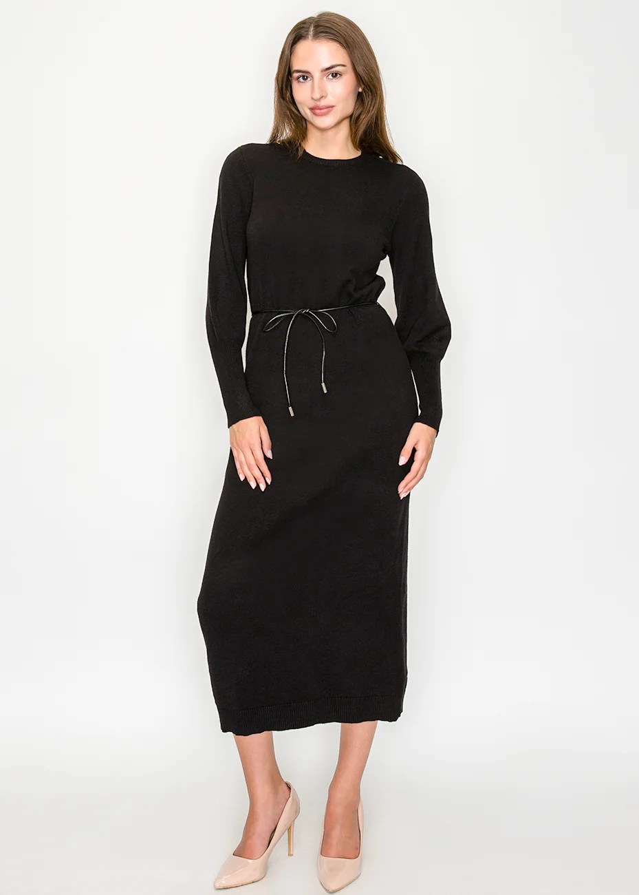 Black Long Sleeve Knit Dress with Belt | Modest Women Clothing - YAL New  York