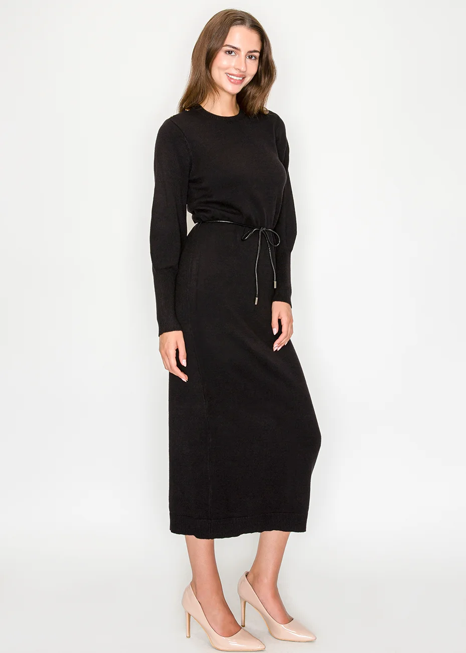 Black Long Sleeve Knit Dress with Belt | Modest Women Clothing - YAL New York Black Long Sleeve Knit Dress with Belt | Modest Women Clothing - YAL New York