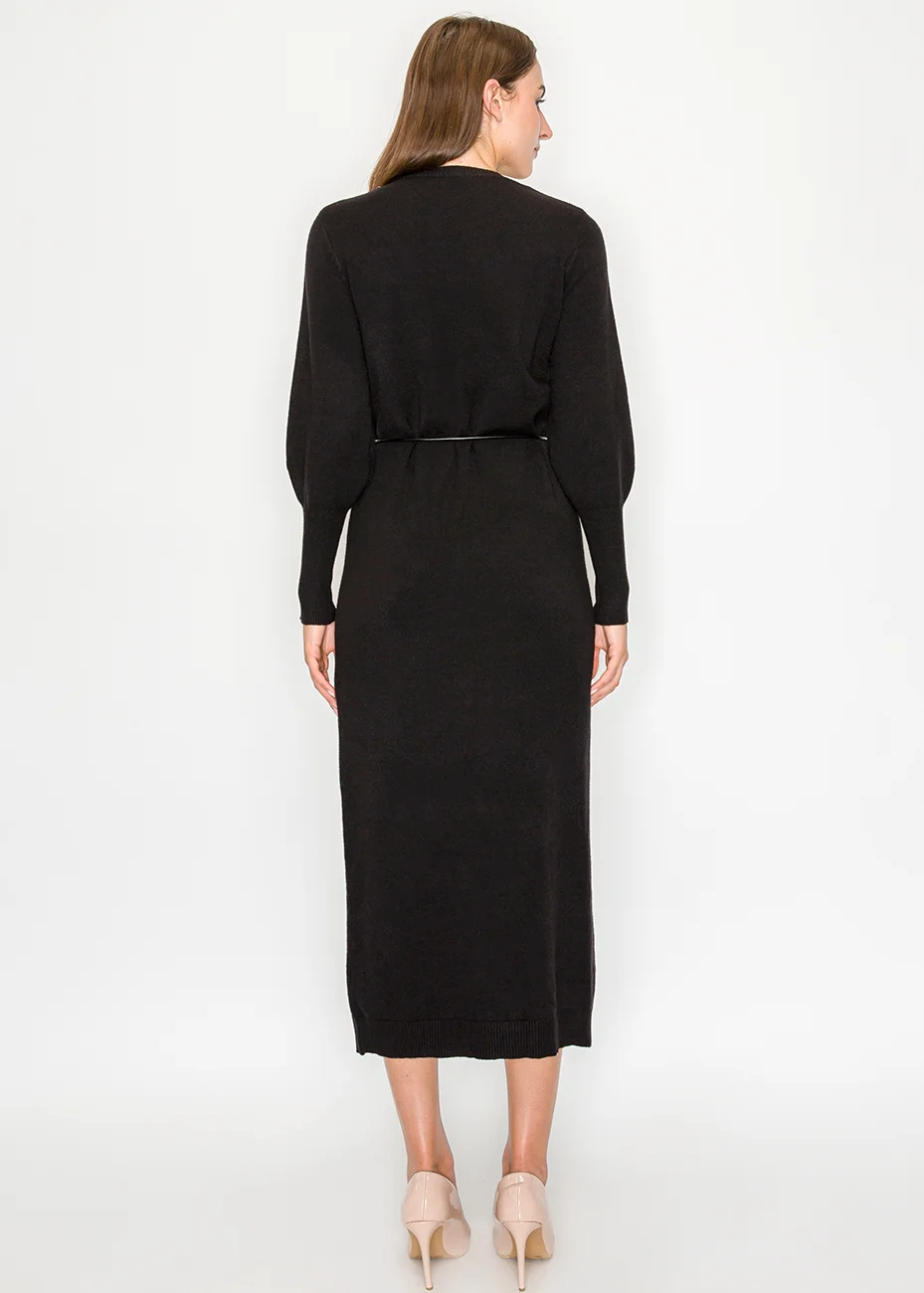 Black Long Sleeve Knit Dress with Belt | Modest Women Clothing