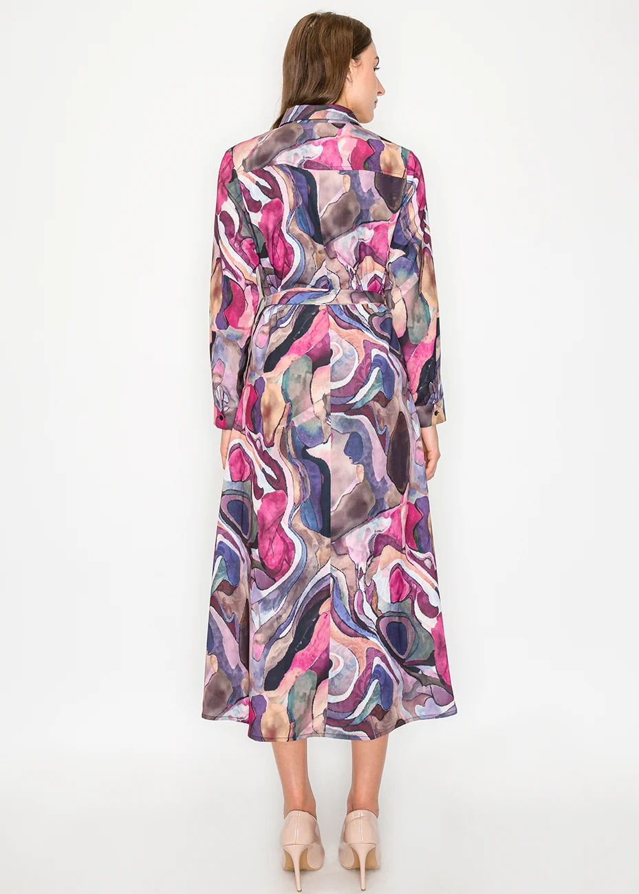 Colorful Abstract Midi Shirt Dress with Belt | Modest Women