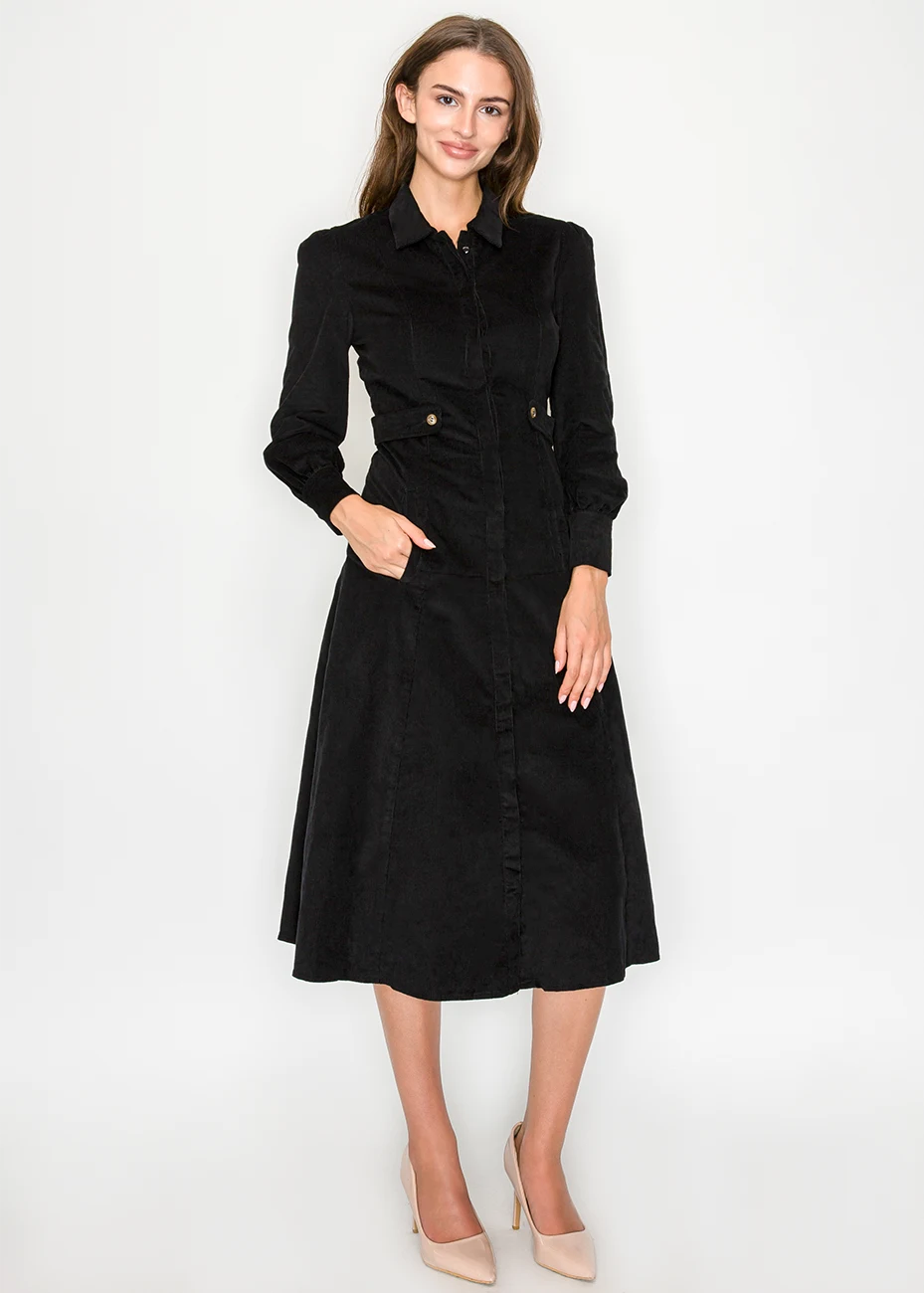 Black corduroy shirt dress with long sleeves | Modest Women