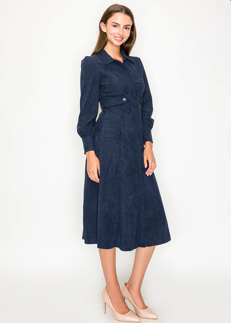 Navy corduroy shirt dress with button details | Modest Women Clothing - YAL  New York