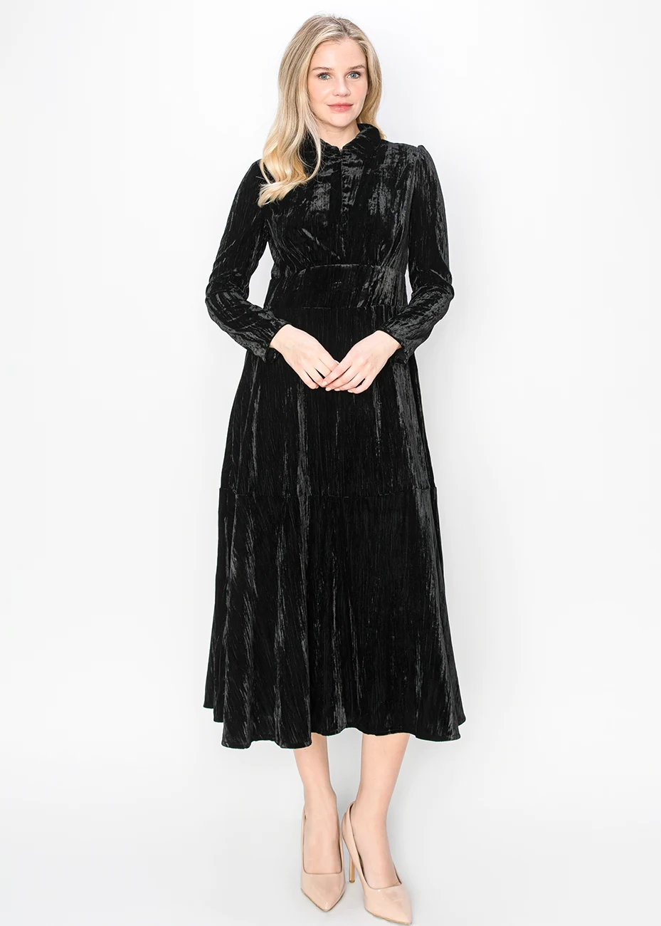 Black Velvet Collared Midi Dress | Modest Women Clothing - YAL New York Black Velvet Collared Midi Dress | Modest Women Clothing - YAL New York