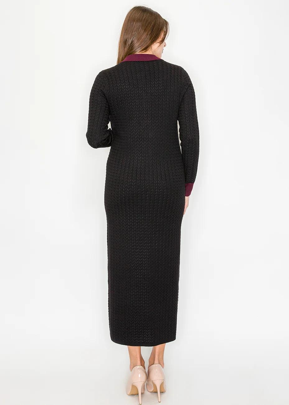 Long Cable Knit Dress with Contrast Trim | Modest Women Clothing