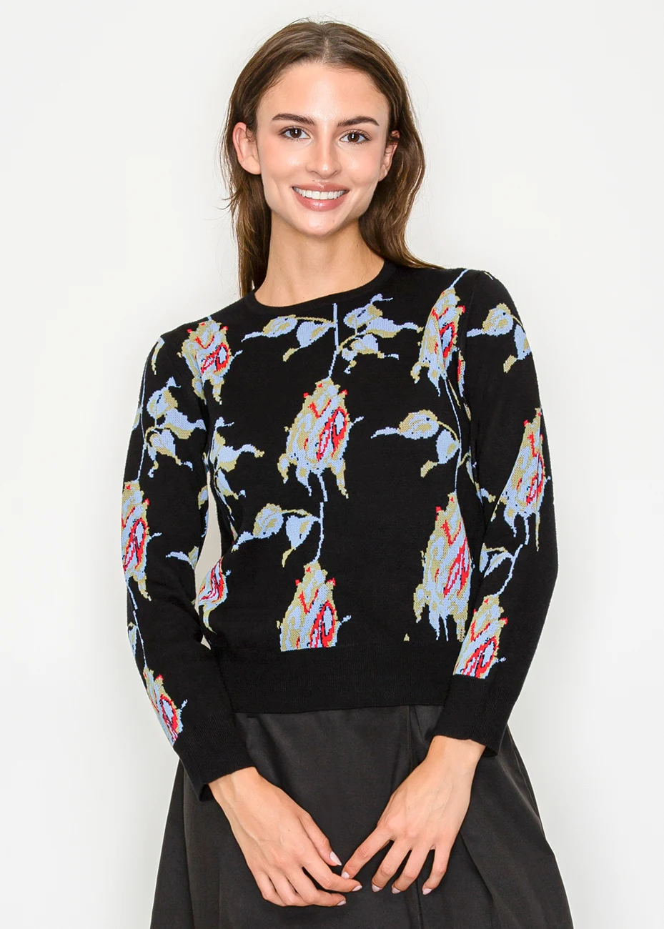 Black Floral Jacquard Knit Sweater | Modest Women Clothing - YAL