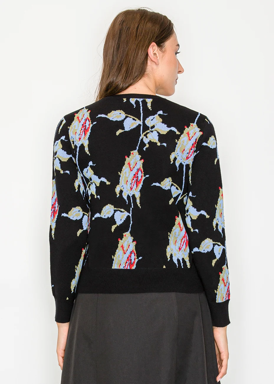 Black Floral Jacquard Knit Sweater | Modest Women Clothing - YAL