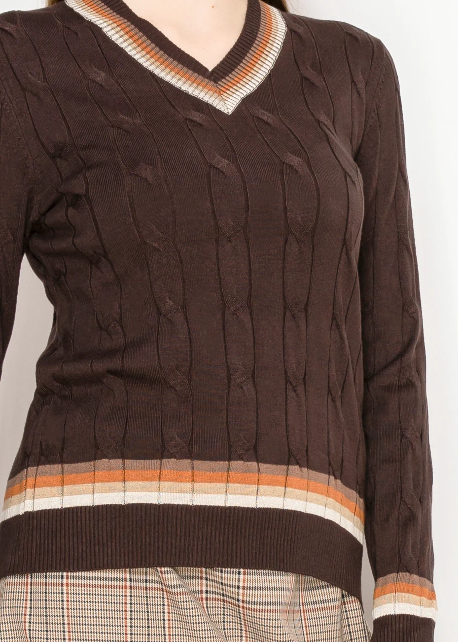 Brown Cable Knit V-Neck Sweater | Modest Women Clothing - YAL New York