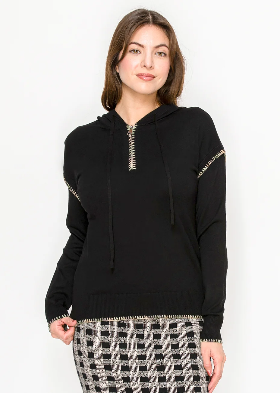 Black Hoodie Sweater with Contrast Stitch Detail | Modest Women
