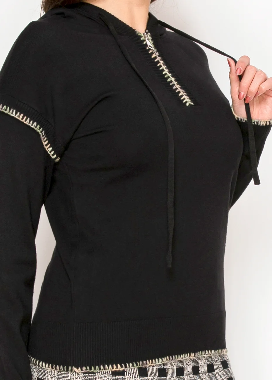 Black Hoodie Sweater with Contrast Stitch Detail | Modest Women