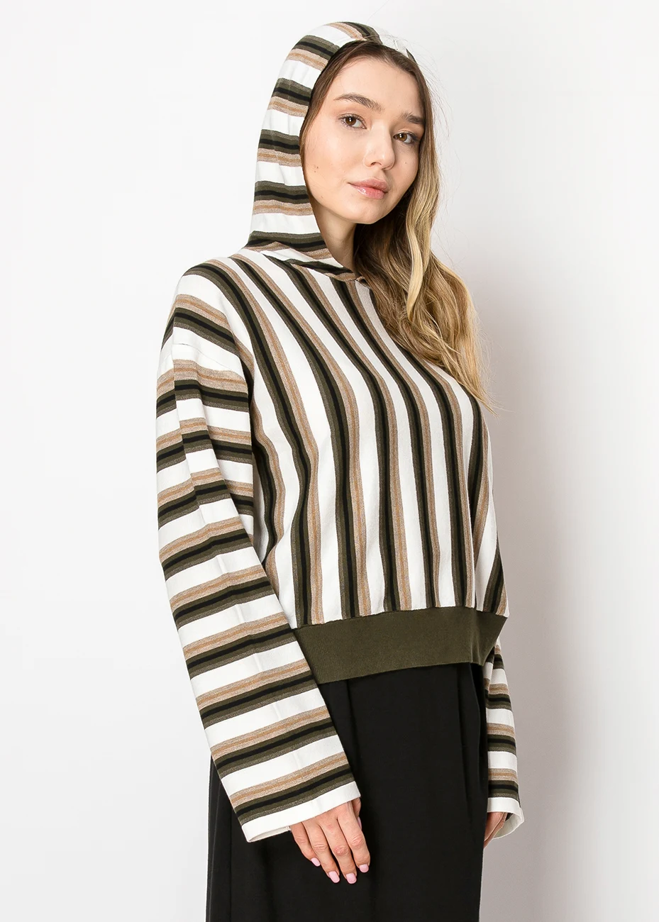 Olive Stripe Knit Hoodie with Contrast Hem | Modest Women Clothing 