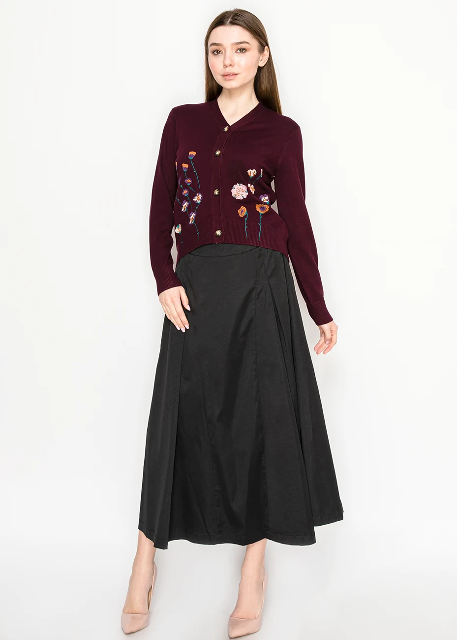 Burgundy Floral Embroidered V-Neck Cardigan | Modest Women