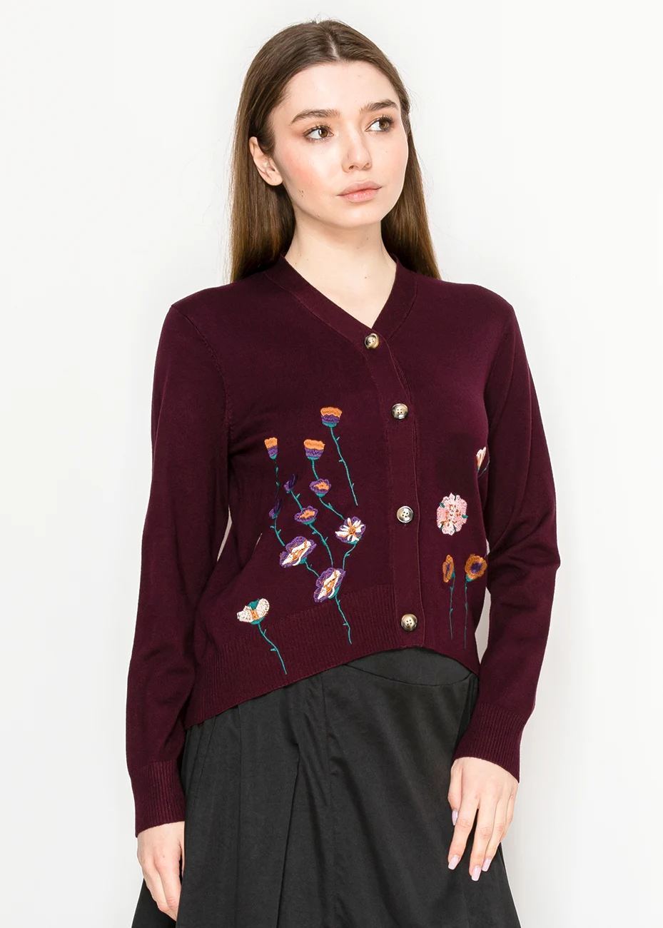 Burgundy Floral Embroidered V-Neck Cardigan | Modest Women