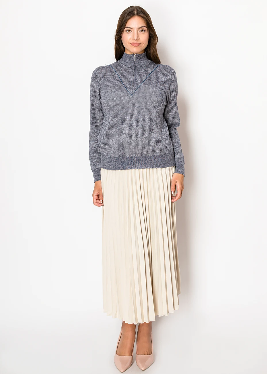 Blue Knit Half-Zip Sweater with High Neck | Modest Women Clothing