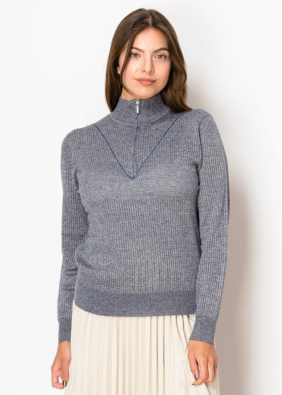 トップス jentlouis high neck zip knit Blue Knit Half-Zip Sweater with High Neck | Modest Women Clothing