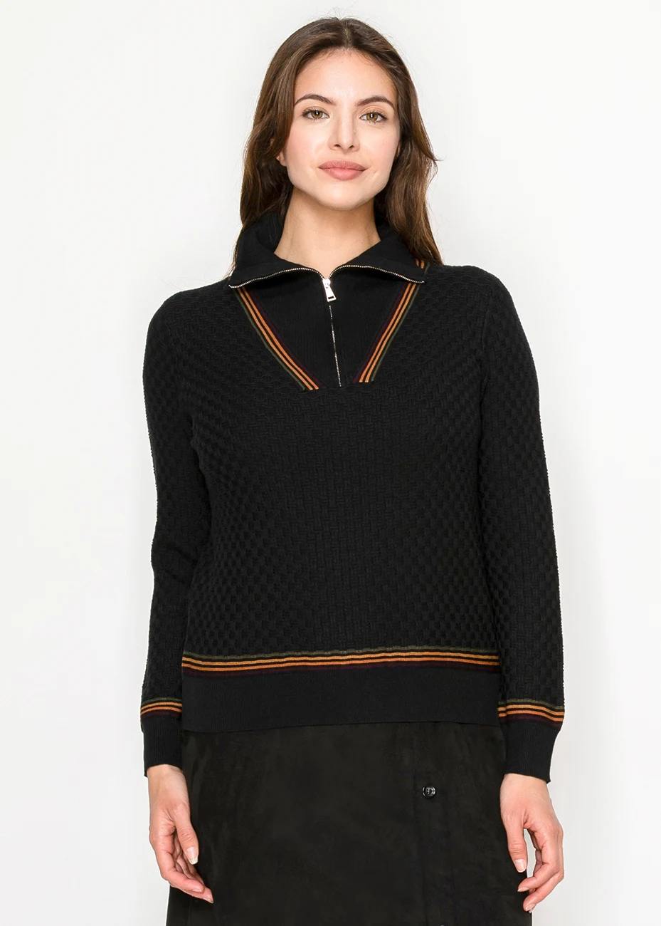 Black Half-Zip Sweater with Striped Trim | Modest Women Clothing